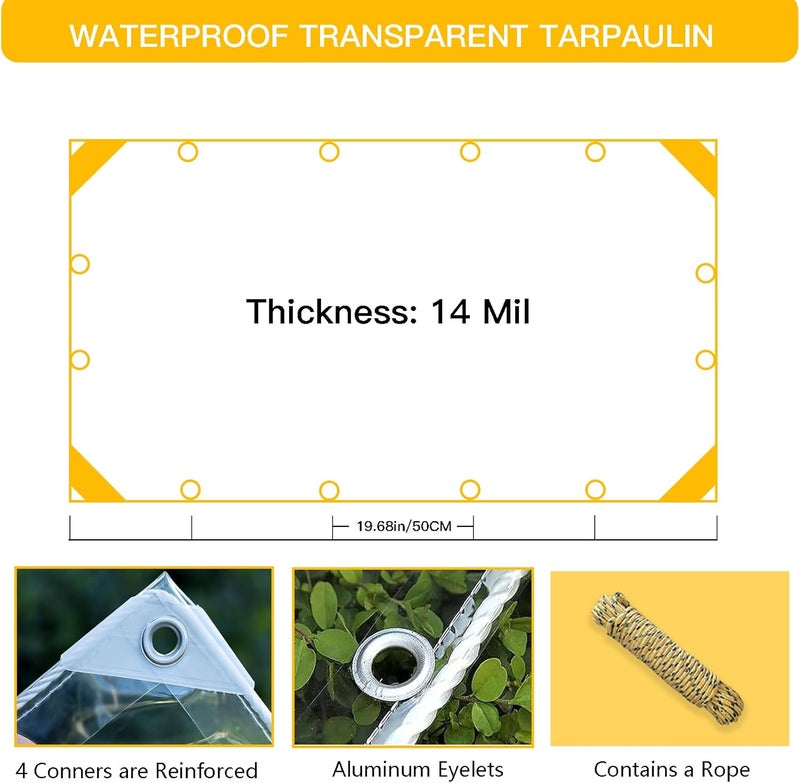 LC&QS Clear Tarp 3x6ft Clear Tarps Heavy Duty Water Resistant,14Mil Thickened Transparent Tear Resistant PVC Vinyl Tarpaulin Enclosurewith Grommets and Reinforced Edges for Patio,Porch and Outdoor - Image 5